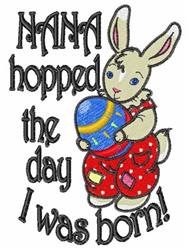 Playful bunny in red polka dot overalls holds a colorful egg, celebrating Easter with cheerful text.
