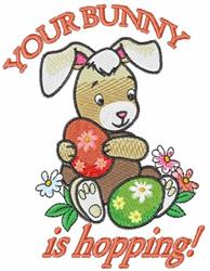 Cheerful brown bunny holding colorful Easter eggs, surrounded by flowers in a playful cartoon style.