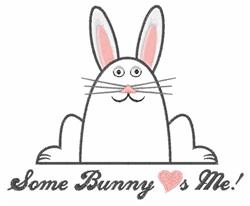 Cute bunny with large ears and pink accents, smiling in a playful Easter theme with 'Some Bunny loves Me!' text.