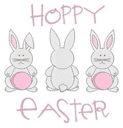 Cute rabbits with pink bellies in a row, featuring 'Hoppy Easter' text in pastel colors for a festive theme.