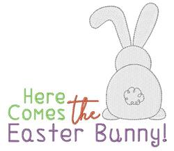 Playful bunny outline with long ears beside colorful text 'Here Comes the Easter Bunny!' in pastel hues, perfect for Easter c