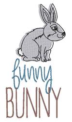 Cartoon gray rabbit in relaxed pose with colorful 'funny' and 'BUNNY' lettering, ideal for Easter projects.