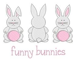 Playful gray bunny trio with pink accents for Easter, featuring whimsical 'funny bunnies' text.