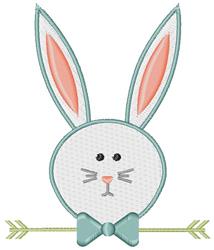 Playful bunny face with pink-tipped ears and bow tie, perfect for Easter. Cheerful design in a simple style.