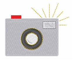 Stylish gray camera with a black lens and red accent, featuring playful yellow stitching in a modern design.
