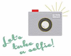 Stylized camera in gray with a circular lens and red detail, with 'Let's take a selfie!' in light green script.