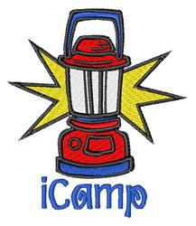 Colorful camping lantern design with vibrant red hue, yellow rays, and playful blue 'iCamp' text.