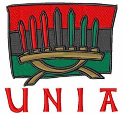 Bold symbolic design with colorful candles in red, black, and green, featuring the text 'UNIA' below.