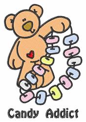 Cartoon bear with a heart holding a colorful candy necklace, featuring the playful text 'Candy Addict'.