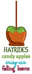 Candy apple in warm brown with a green top, surrounded by playful fall phrases in bright colors.