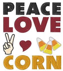 Colorful text design features 'PEACE', 'LOVE' heart, and 'CORN' with a hand sign and candy corn, perfect for autumn.