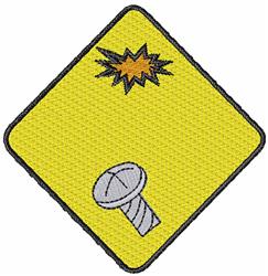 Caution sign featuring a playful explosion and screw graphic on a vibrant yellow diamond background.