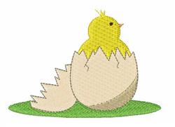 Playful yellow chick in applique style emerging from cracked eggshell on green grass, perfect for Easter.