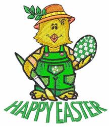 Cheerful chick in green overalls holds an Easter egg and paintbrush, in vibrant colors for a festive Easter theme.