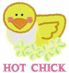 Playful yellow chick with rosy cheeks and green flowers, featuring bold pink 'HOT CHICK' text, perfect for Easter.