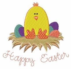 Playful chick with a crown in a textured nest, surrounded by colorful Easter eggs. Perfect for festive decor.