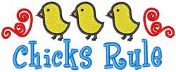 Three whimsical yellow chicks with 'Chicks Rule' text and playful red swirls, perfect for spring decor.