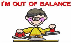 Playful child with glasses balancing objects on scales, wearing a yellow shirt, with bold text 'I'M OUT OF BALANCE'.