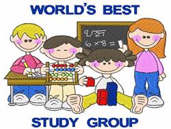Group of children studying around a colorful chalkboard and abacus, exuding playful and educational vibes.