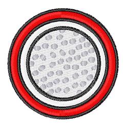 Circular patch with bold red outline, black edge, and textured white center filled with small circles.