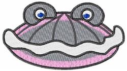 Whimsical clam with a light gray shell, pink interior, and blue eyes, perfect for playful children’s items.