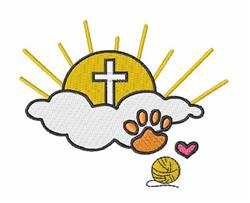 Colorful cloud with a cross, featuring a yellow sun, white cloud, orange paw print, and pink heart, perfect for Easter.
