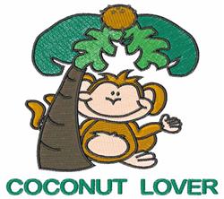 Playful monkey with a big smile beside a coconut tree, featuring 'COCONUT LOVER' text in bold green.