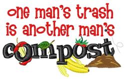 Colorful text design featuring 'one man's trash is another man's compost' with vegetables and brown compost, promoting enviro