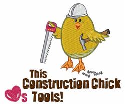 Applique yellow chick in a construction helmet, holding a saw and hammer with playful text 'This Construction Chick loves Too