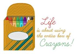 Playful crayon box with colorful crayons, golden-brown exterior, white label, and whimsical quote.
