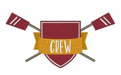 Burgundy shield with CREW banner, crossed oars, bold and sporty design for team apparel.