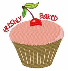 Playful cupcake with pink frosting, red cherry, and green leaf, featuring cheerful 'FRESHLY BAKED' text.