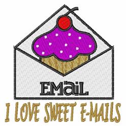 Playful cupcake with purple frosting and cherry in an open envelope, featuring whimsical 'I LOVE SWEET E-MAILS' text.