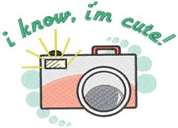 Playful camera design with soft pastel colors, featuring 'i know, i'm cute!' text and light green bubbles.