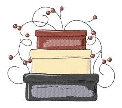 Stack of decorative boxes in deep red, cream, gray, and black, surrounded by whimsical vines and red berries.