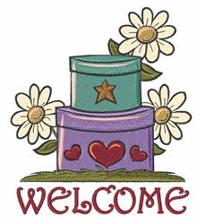 Stack of decorative boxes in bright colors, featuring blue with a star and purple with hearts, surrounded by daisies. Spring