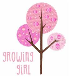 Whimsical decorative tree with a brown trunk and three textured pink leaves, featuring 'GROWING GIRL' text.
