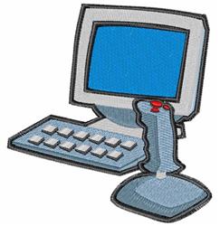 Playful desktop computer with a light blue monitor, gray keyboard, white keys, and gaming controller for vibrant tech fun.