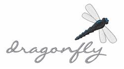 Whimsical dragonfly in blue and black hovering over soft gray cursive 'dragonfly'. Simple and modern design.