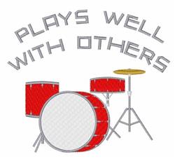Playful drum set design featuring a vibrant red bass drum, overhead cymbal, and the phrase 'PLAYS WELL WITH OTHERS' arched ab