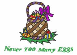 Colorful Easter basket filled with decorative eggs, topped with a purple bow and playful text, perfect for festive decor.