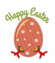 Playful pink Easter egg with white polka dots, green 'Happy Easter' text, and red chick feet.