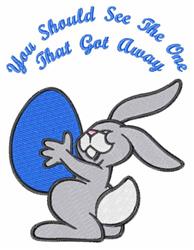 Playful gray rabbit holding a bright blue Easter egg, with bold text above for Easter celebrations.