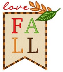Colorful 'FALL' text design in applique style with red, green, and brown letters, golden leaves, and a checkered border.