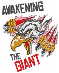 Fierce eagle head with sharp claws and dynamic text 'AWAKENING THE GIANT', vibrant colors, and bold design.