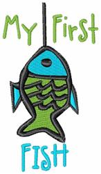 Cartoonish fish in vibrant blue and green with a bold black outline, features playful text 'My First FISH'.