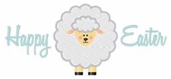 Playful fluffy sheep with a smile and 'Happy Easter' text, in soft pastel colors, perfect for festive embroidery.