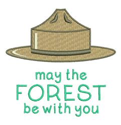 Whimsical hat in light tan color adorned with the text 'may the FOREST be with you' in vibrant green and blue.