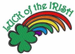 Colorful four-leaf clover beneath a vibrant rainbow, featuring 'LUCK of the IRISH' text, perfect for St. Patrick's Day.