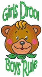 Playful bear face with pink cheeks and cheerful expression, surrounded by 'Girls Drool' and 'Boys Rule' text in bright green.